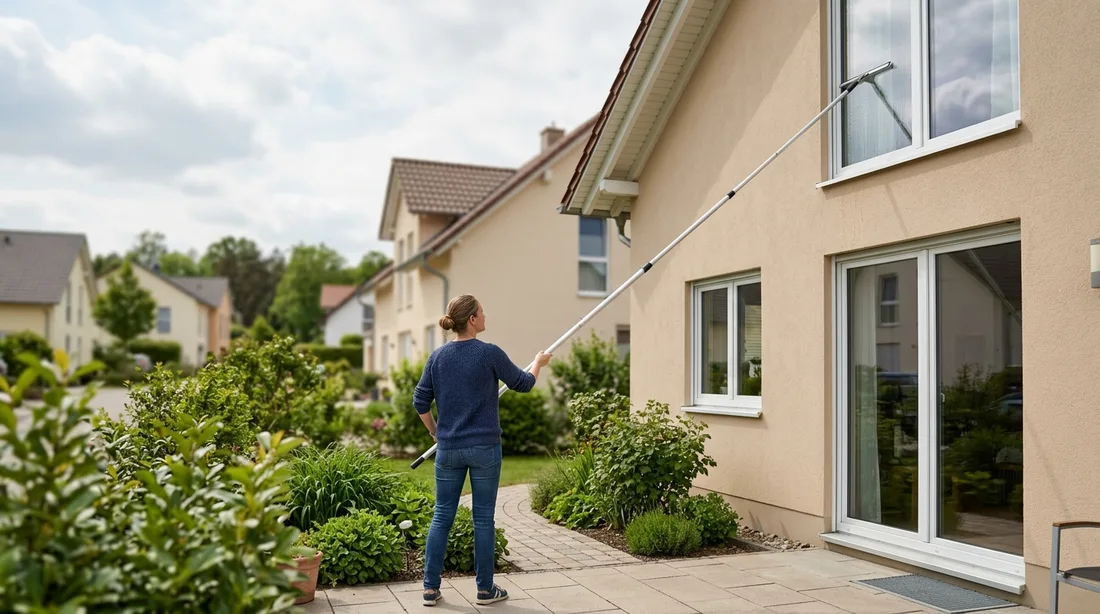 Person in Alltagskleidung reinigt im eigenen Garten ein Obergeschossfenster mit einem Fensterabzieher an einer ausgefahrenen Teleskopstange