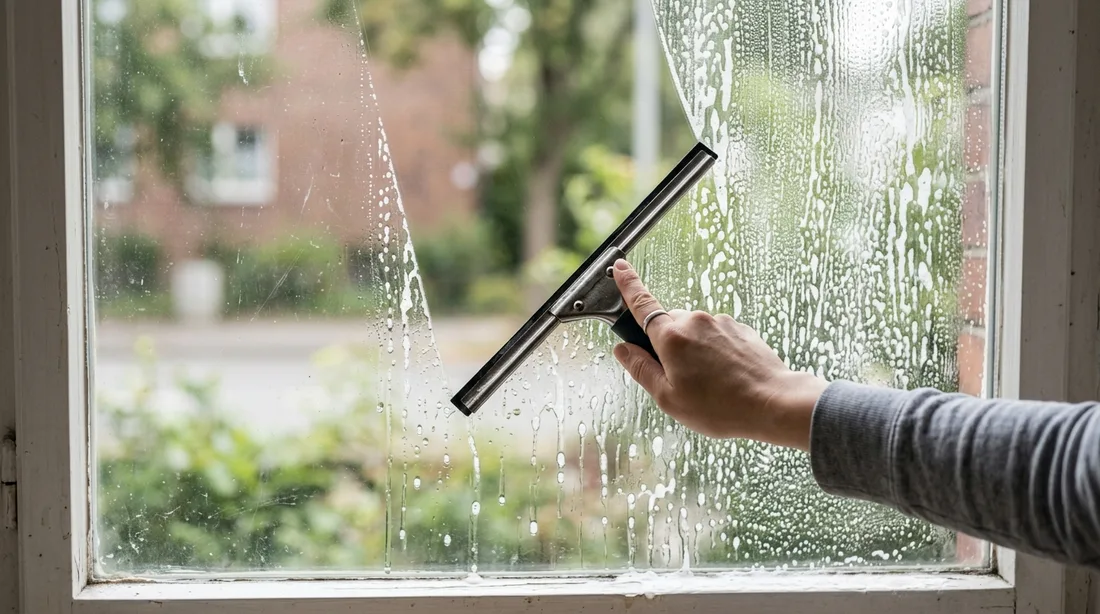 Hand zieht mit einem Fensterabzieher eine Bahn über eine eingeseifte Fensterscheibe